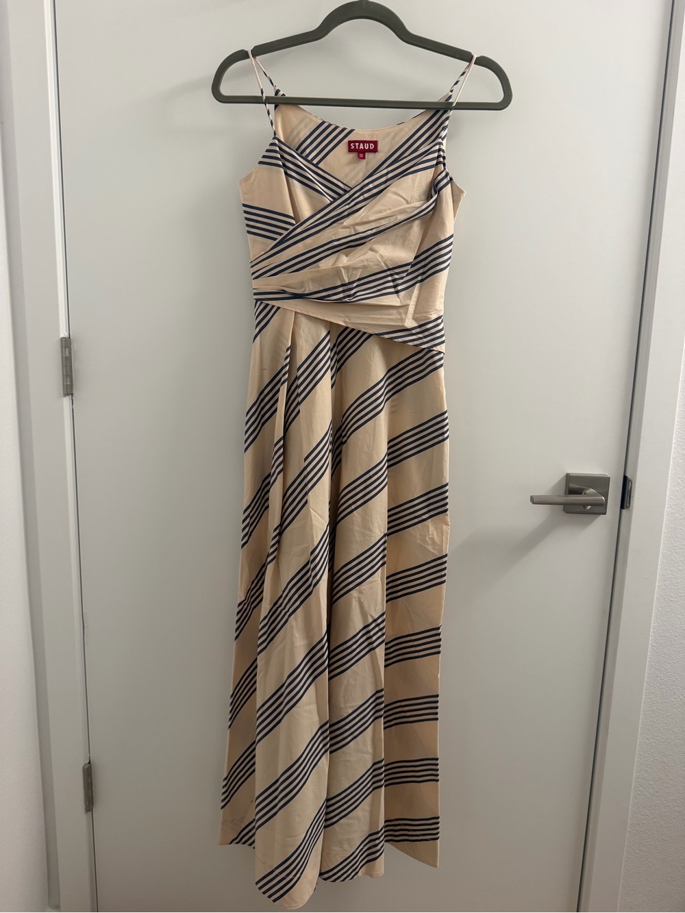 STAUD Beige Maxi Dress with Black Diagonal Stripes